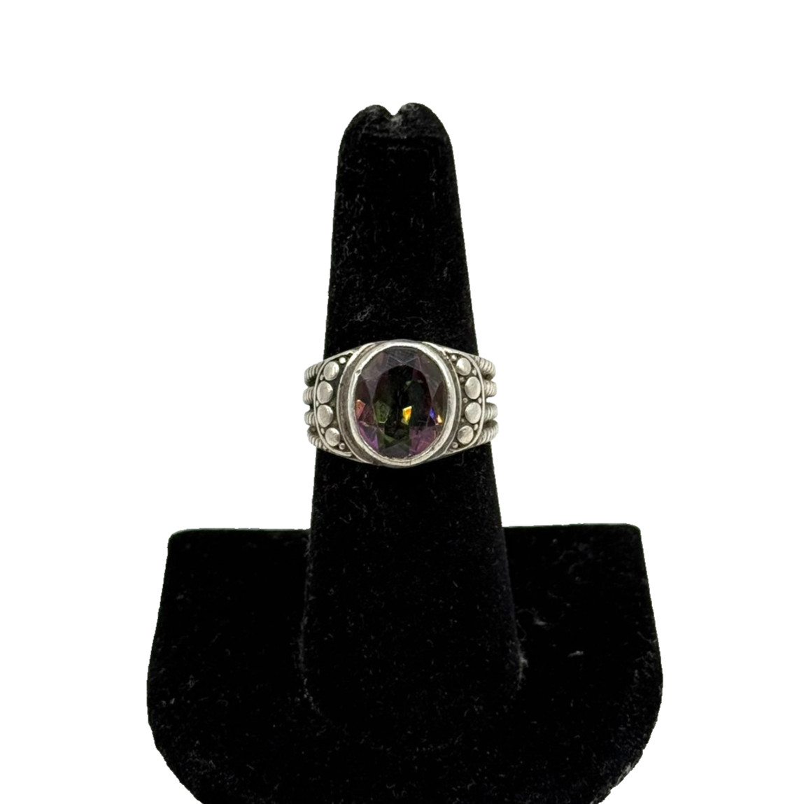 925 Sterling Silver Mystic Topaz Stone Ring Size 7 Filigree 7.9g Chunky Bezel
