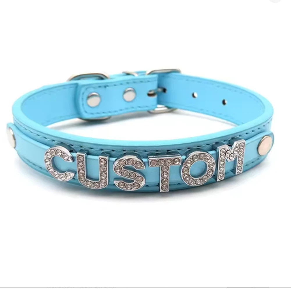 Custom Rhinestone Letter Collar You Choose Color and Words Faux Leather BDSM