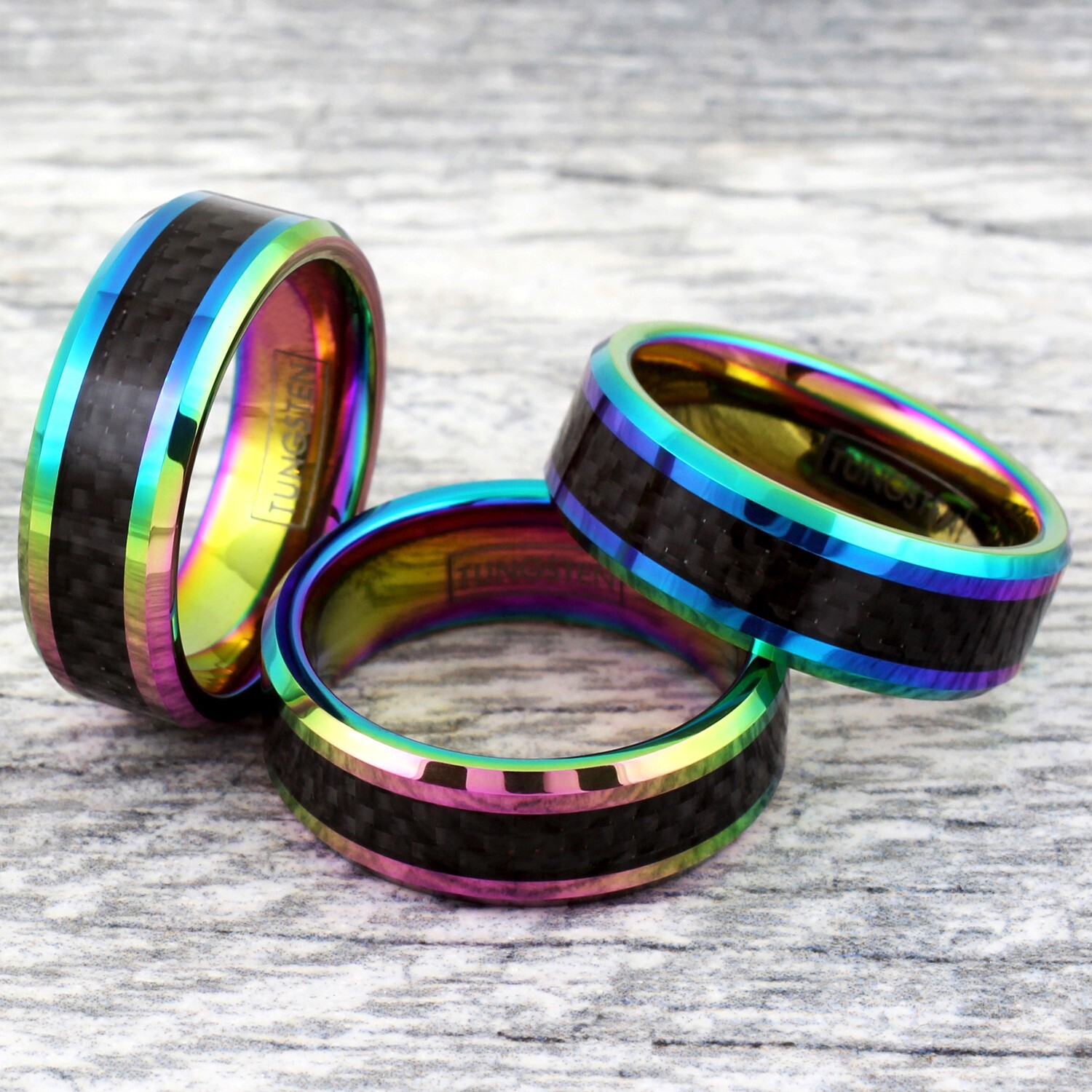 8mm Tungsten Men’s Rainbow with Black Carbon Fiber Wedding Band Ring