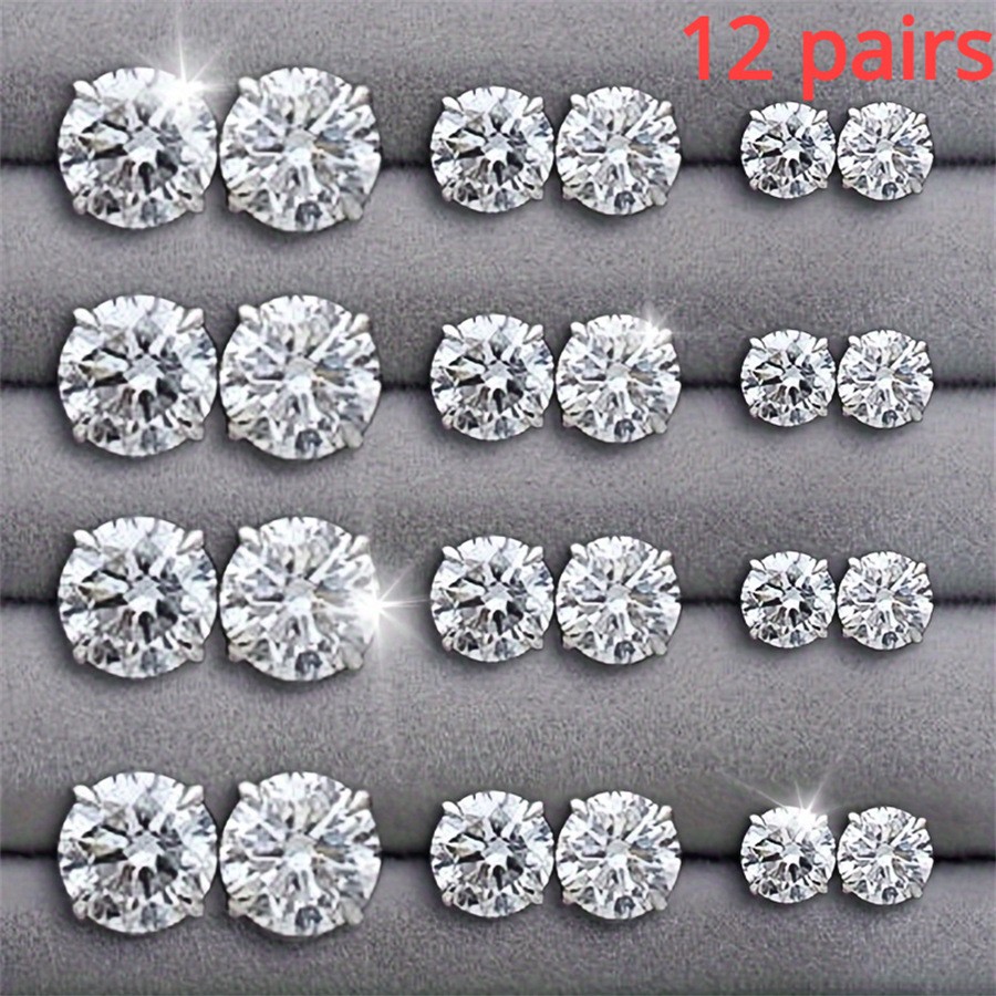 Silver Alloy Zircon Stud Earrings Set 12 Pairs Round Six Prong for For Gifts