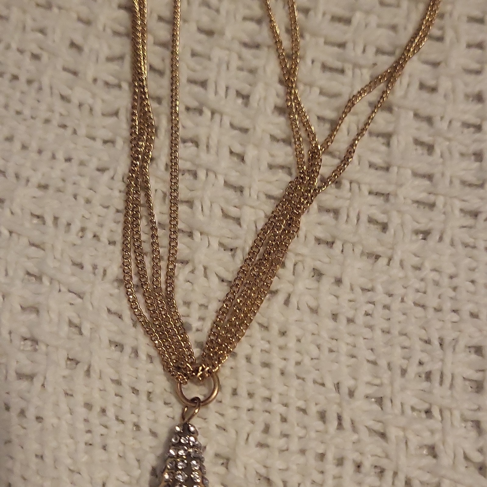 Gold Tone Chain Necklace Clear Crystal Pavé Cone Tassel Pendant Adjustable