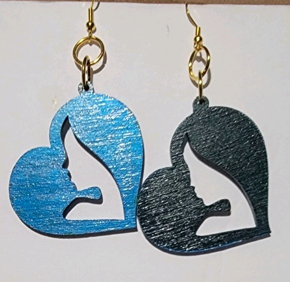 Woman Silhouette BLUE/green Wooden Heart Dangle/Drop Hook Earrings