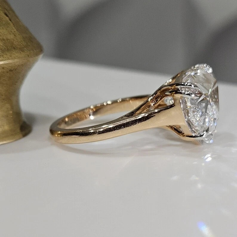 Heart Diamond Wedding Lab Grown Ring 5 Carat IGI E F VVS CVD 14k Yellow Gold