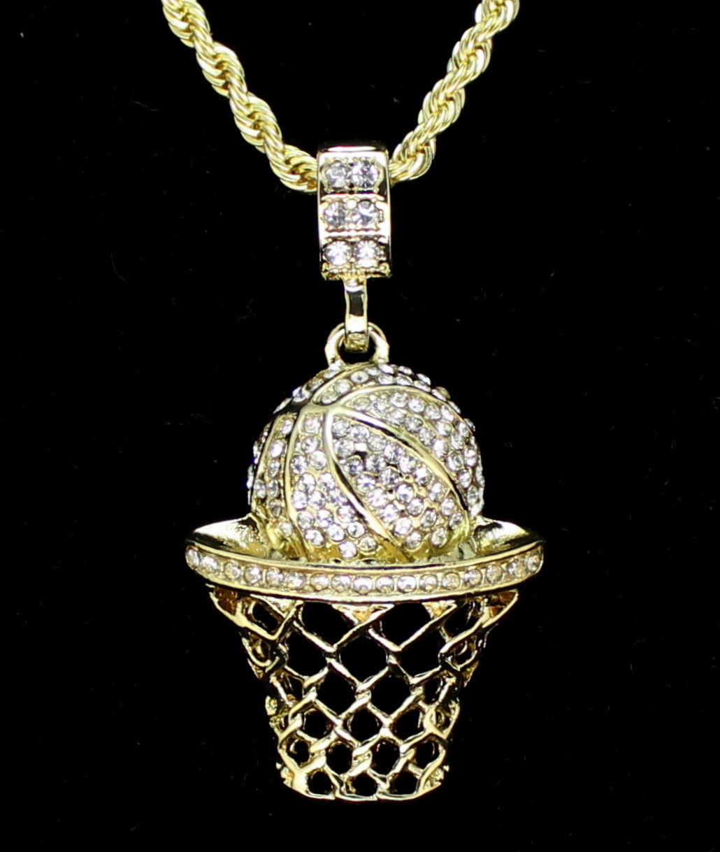 Iced Basketball CZ Pendant 14k Gold Plated 24″ Rope Necklace Hip Hop Jewelry