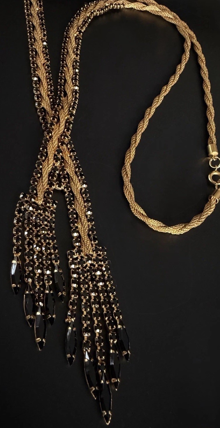 Vtg 50’s 60’s Fixed Lariat Waterfall Necklace Gold Mesh Black Rhinestone Tassel!