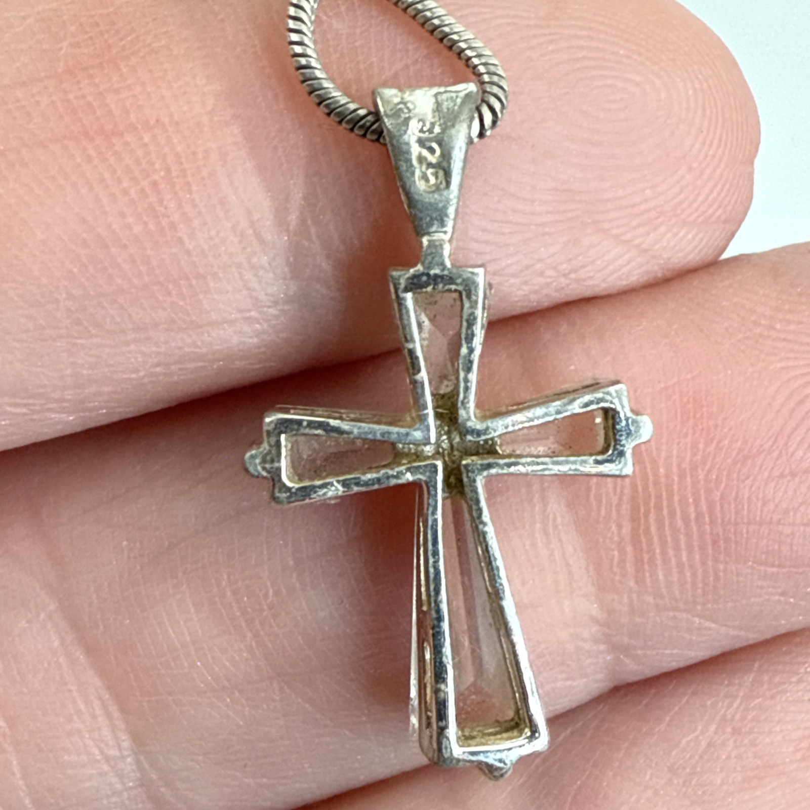 STERLING SILVER & Crystal Cross Pendant 1” w/ 1mm Width 16″ Chain