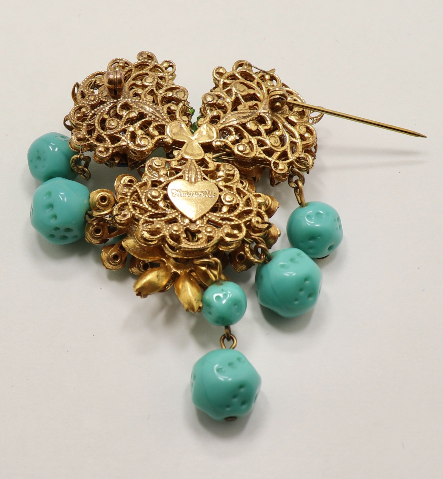 VINTAGE AMOURELLE FRANK HESS FLORAL BEADED DANGLING BROOCH