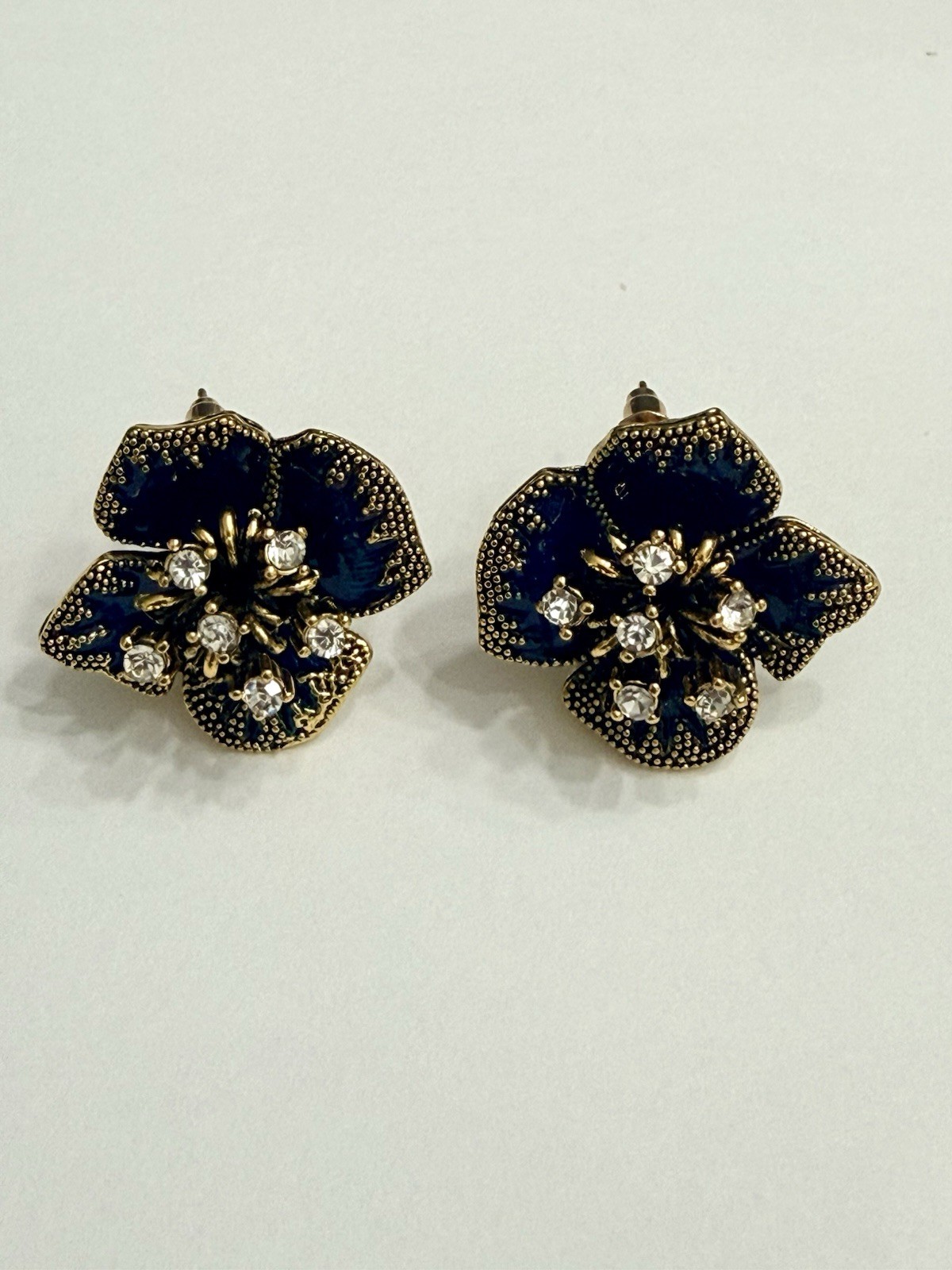 Stud Earrings Blue Enamel Flower Cluster Clear Rhinestone Screw Back Gold