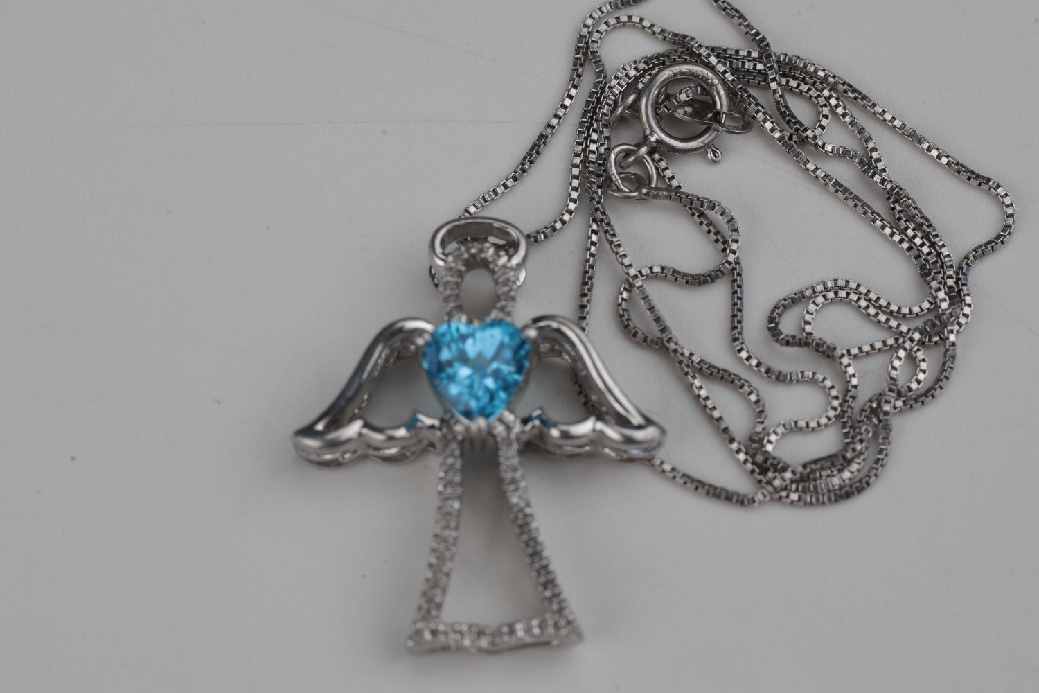 Jwb Sterling Silver 925 Angel Cross Necklace Heart Blue Topaz CZ 18″ Box Chain