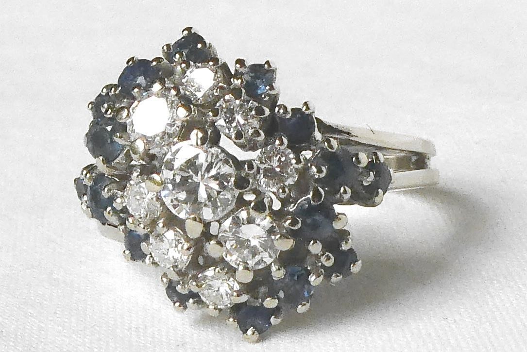 Vintage 14k White Gold 1.50 ctw Diamond Sapphire Waterfall Cluster Cocktail Ring