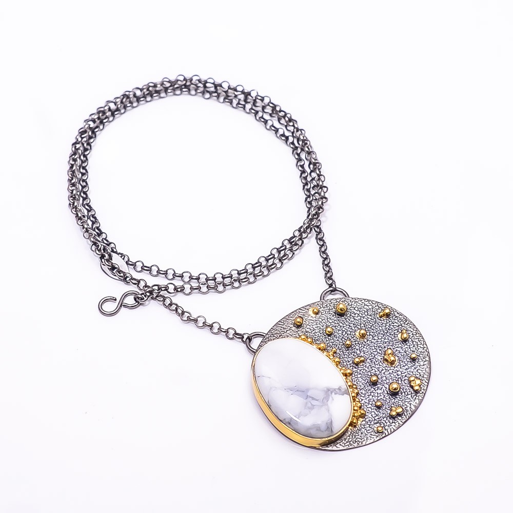 White Howlite Black & Gold Rhodium 925 Sterling Silver Tennis Necklace 19.99″ N8