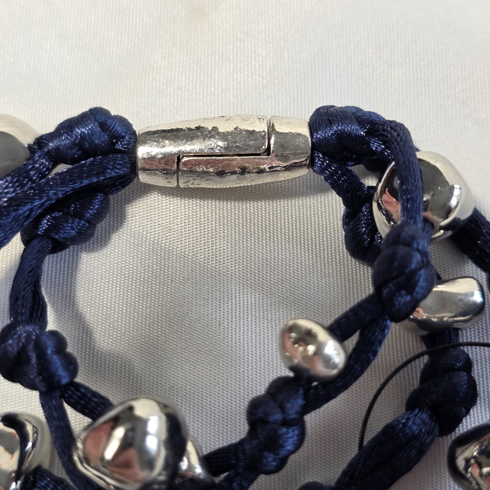 Chico’s Blue Silk Cord Multi-Strand Knotted Bracelet Silver Pebble Beads NEW