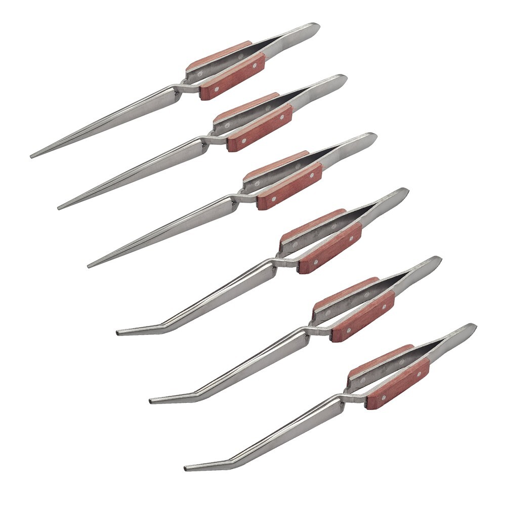 Set of 6 Cross Lock Fiber Grip Tweezers Self Closing 6-1/2″ Bent & Straight Tip