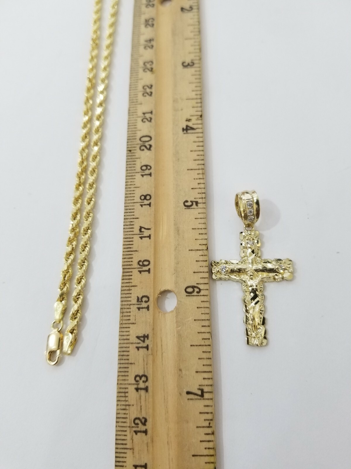 Real Solid 10k Gold Rope Chain Cross Charm 4mm Necklace & Pendant Set 16″-28″
