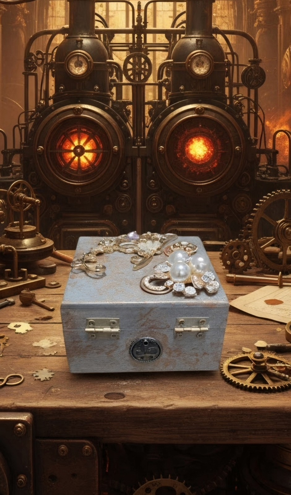 Handcrafted Steampunk Square Wood Jewelry Box, Gray Velvet Lined Jewelry Storage