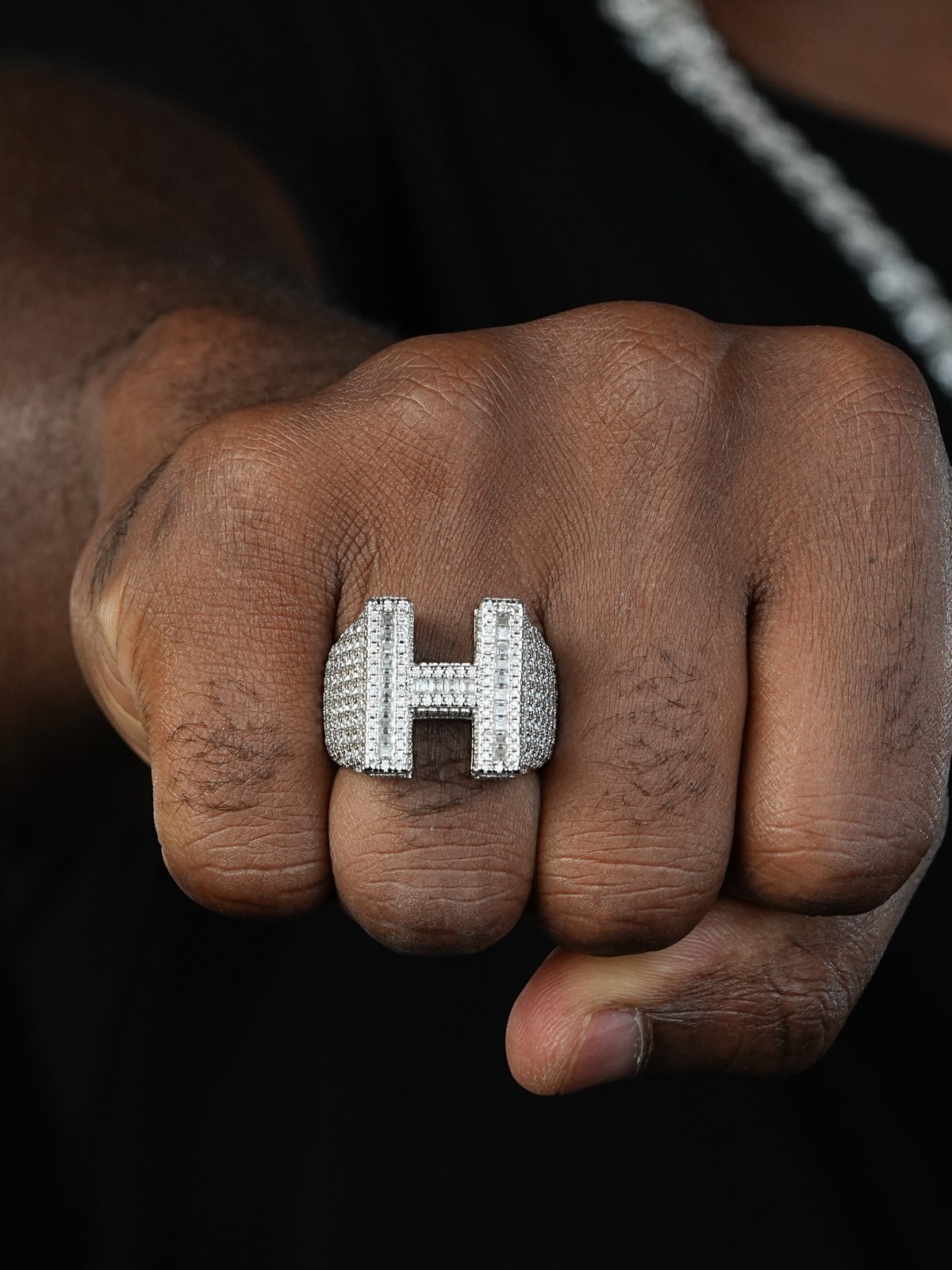 Real MOISSANITE Large Initial Letter Ring Iced Baguette Hip Hop 925 Silver A-Z