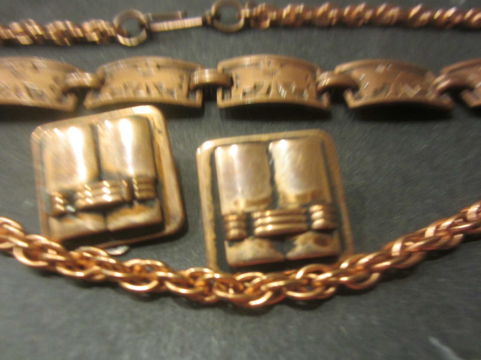 Copper bracelet and clip earrings addon chain no mark