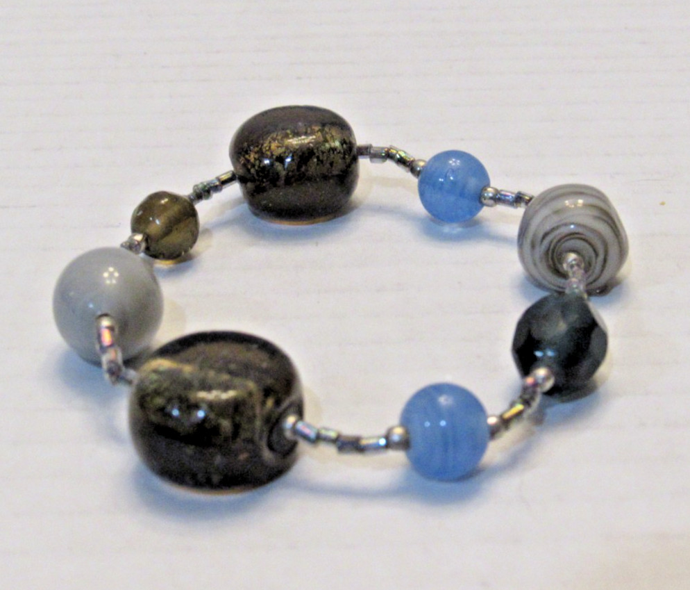 2 Handmade Lampwork Glass Bracelet Brown Blue Swirl Beaded Artisan 6.5in