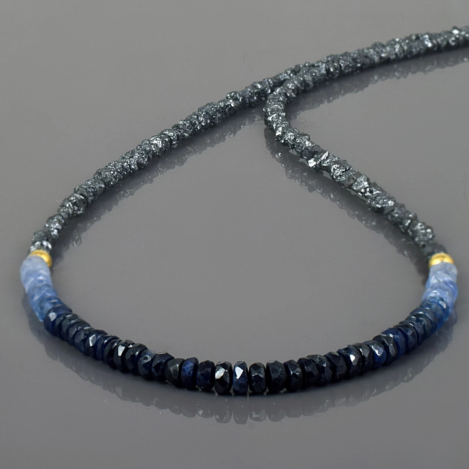 Natural Black Diamond And Blue Sapphire Beads Nuggets 925 Silver Strand Necklace