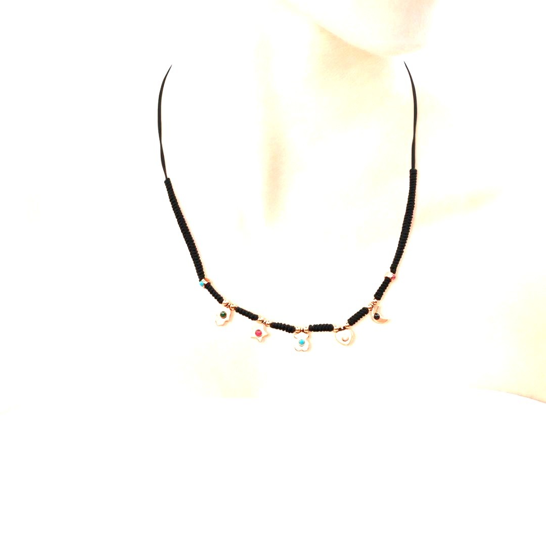 TOUS Super Power Charm Necklace Black Cord Rose Vermeil Silver Gemstone Spain