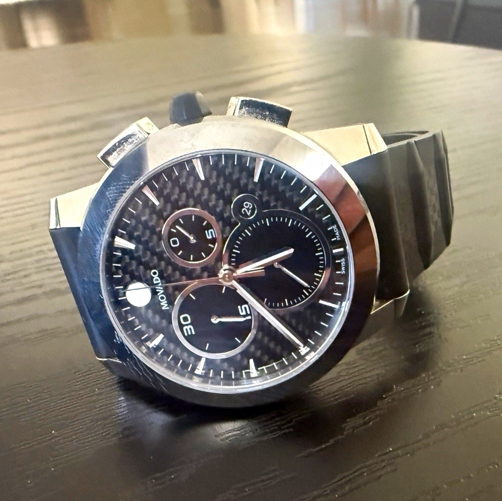 Movado Vizio Quartz Chronograph Date Black Dial Silver Case Rubber Strap