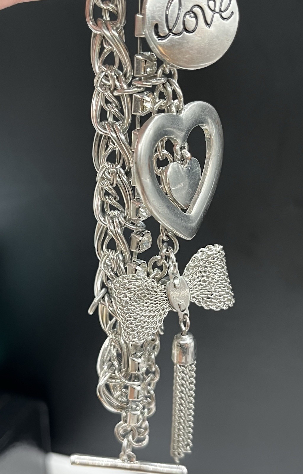 SILVER TONE GUESS CHARM MULTI CHAIN BRACELET MESH BOW HEART Rhinestone 7.25”