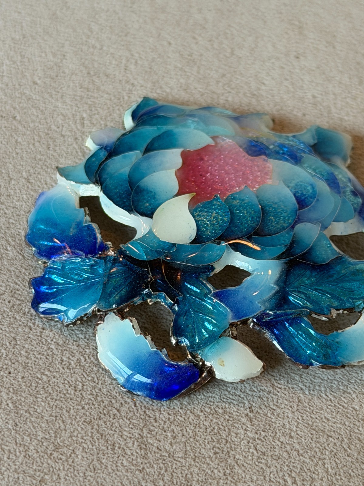 vintage Asian brooch pin silver blue glass enameled peony w pink center 2.5″