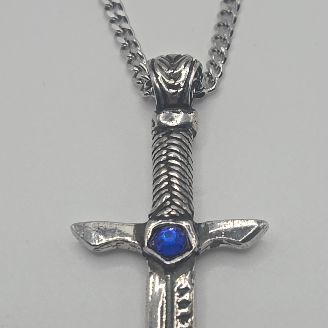 SWORD / BLUE STONE Pewter Pendant Charm /18″-24″ STAINLESS CURB CHAIN NECKLACE