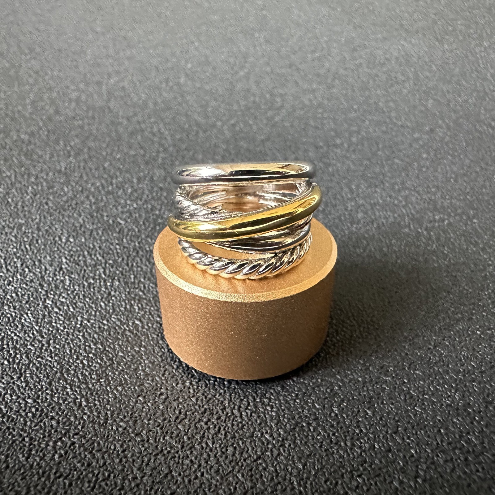 David Yurman Crossover Wide Band Ring Silver 18K Gold Two Tone Twisted Cable 8