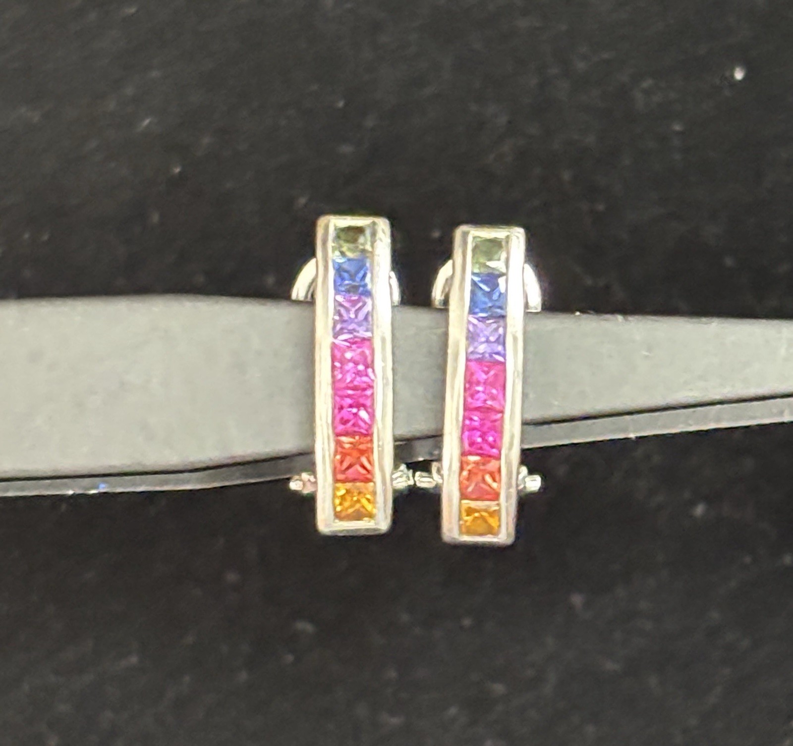 Milano Diamond Gallery Rainbow Sapphire Earrings Sterling Silver 925 Omega Back