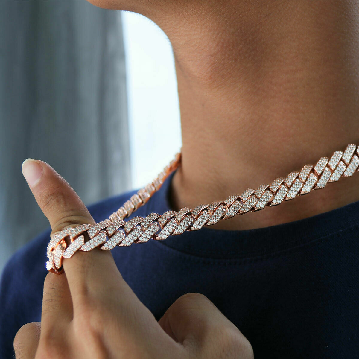 Men’s Rose Gold Plated Ice Out Chain Stainless Steel Miami Cuban Link Bracelet