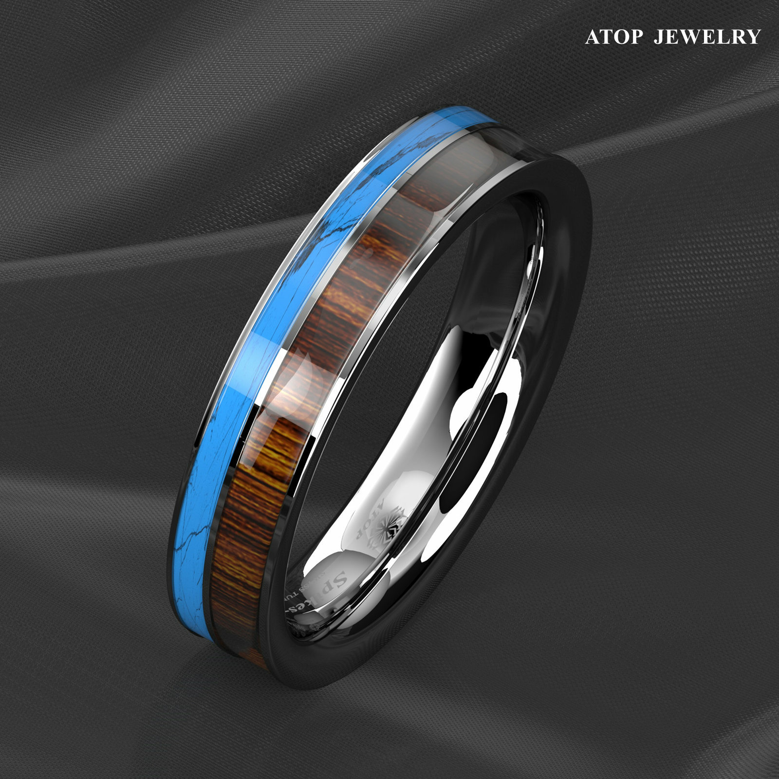 8mm Tungsten Men’s Ring Silver Turquoise & Koa Wood Wedding Band ATOP Jewelry