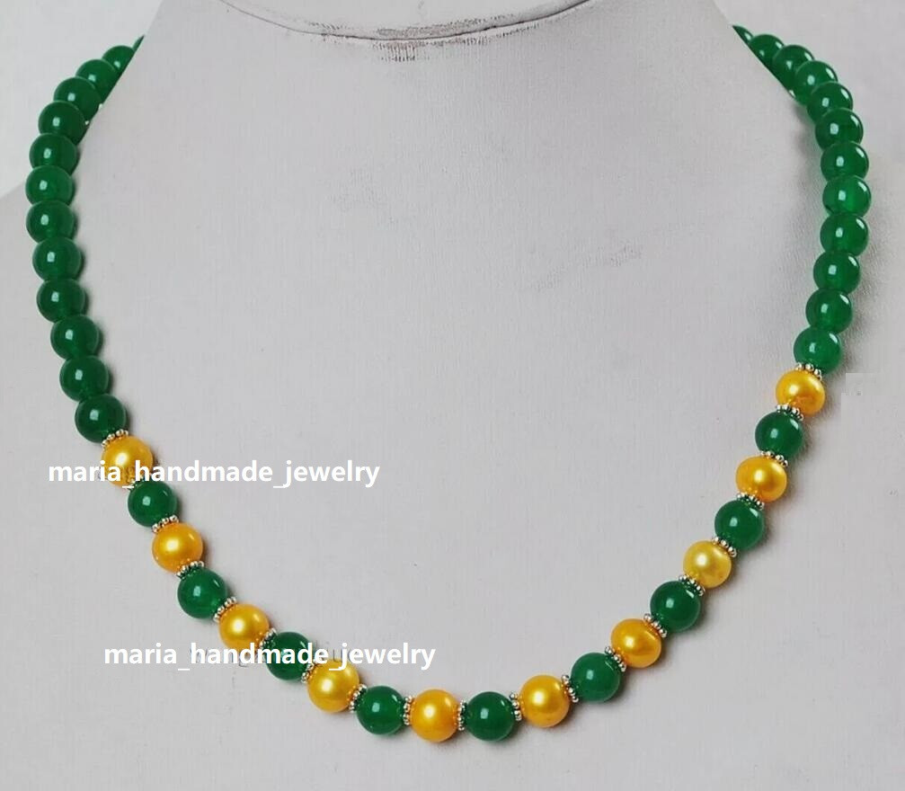 Trendy AAA+ South Sea Round Golden Pearl/Green Jade Necklace 18″ 14k Gold P