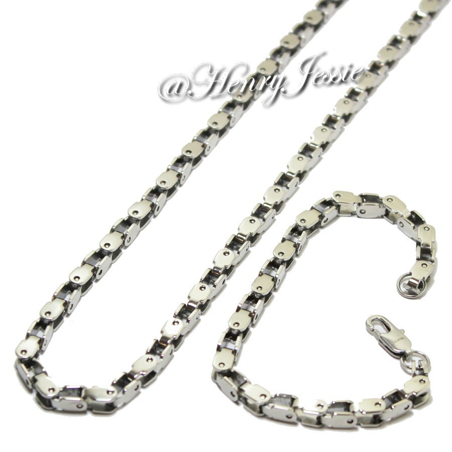 24″MEN 316L Stainless Steel 5mm Silver Bike Box Link Chain Necklace Bracelet