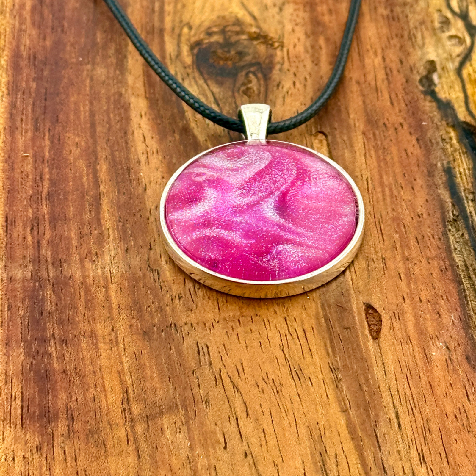 Pendant Necklace Colorful Handmade “Cotton Candy” Silver Bezel 30mm Black Cord