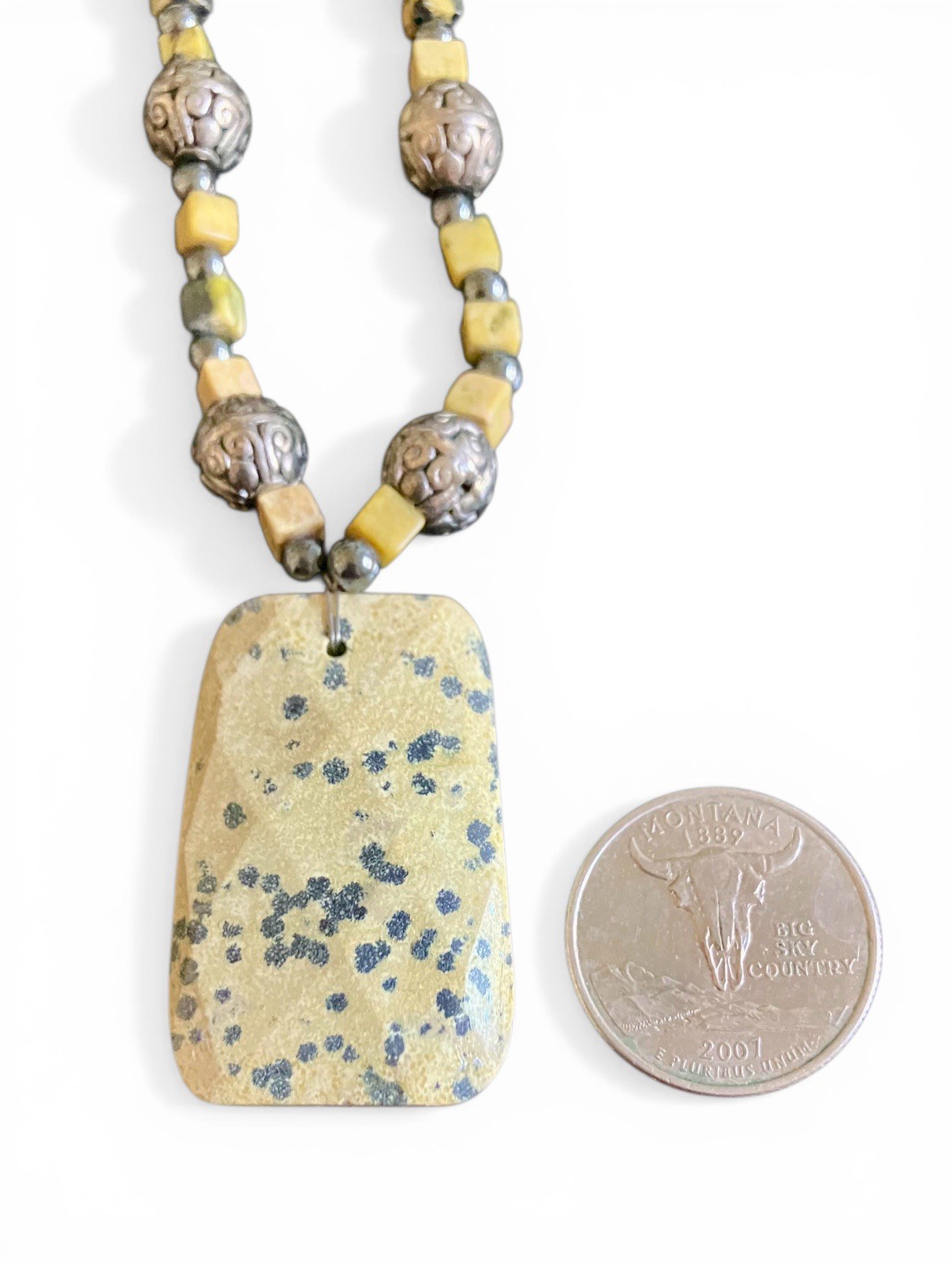 Chunky Beaded Picture Dalmatian Jasper Handmade Boho Southwest Necklace 22”
