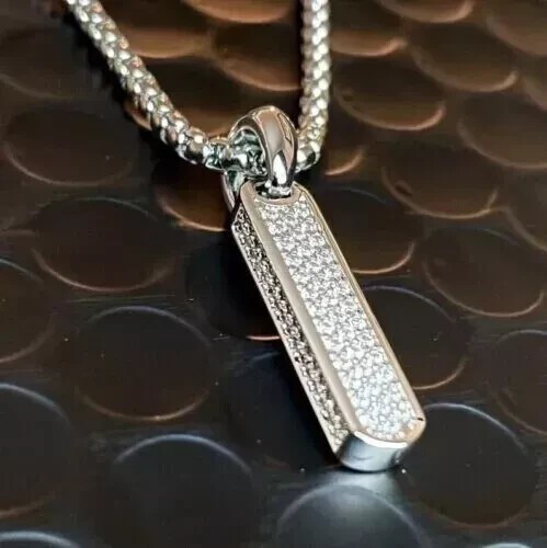 2Ct Round Cut Simulated Diamond Men’s DogTag Charm Pendant 14K White Gold Plated