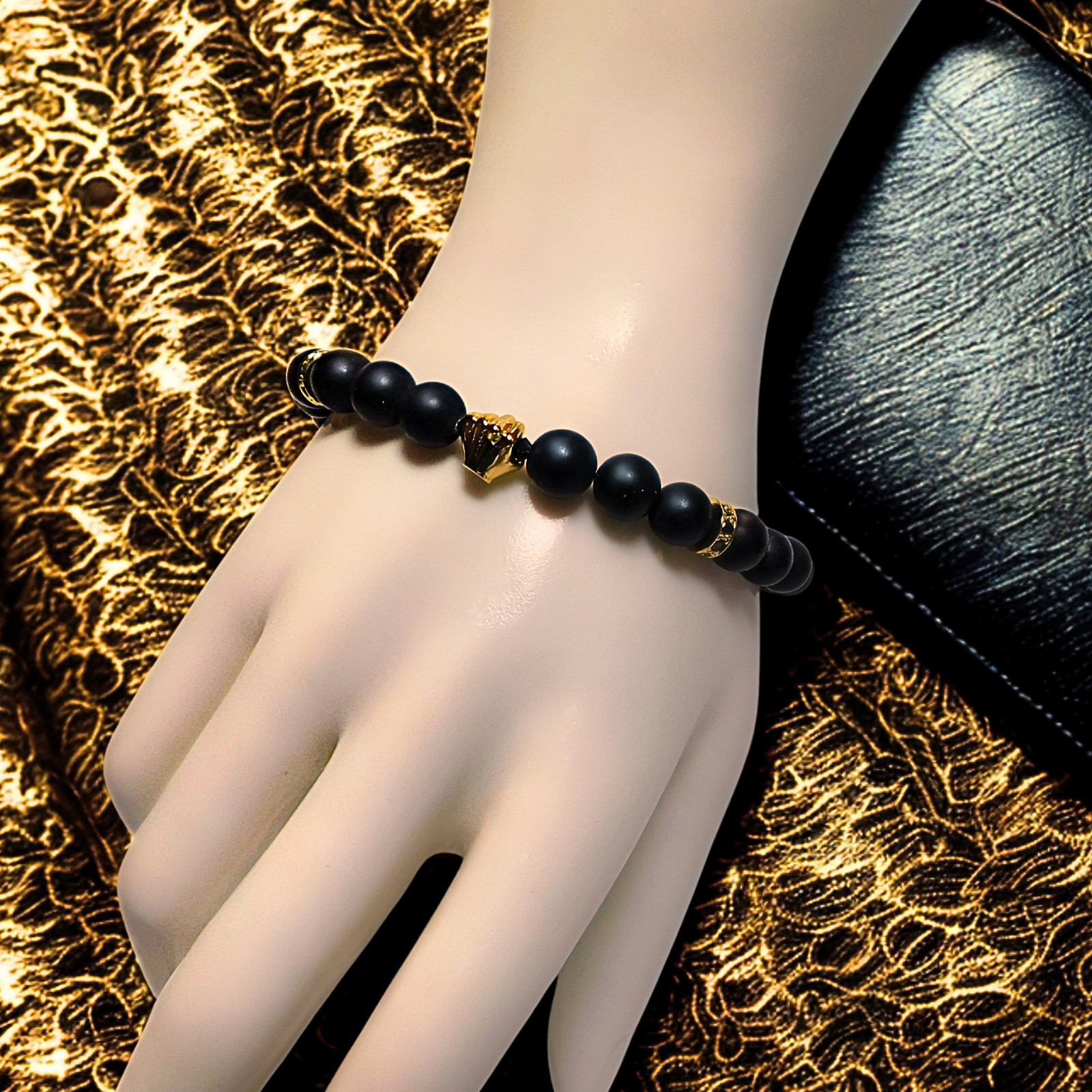 18K Yellow Gold Filled Matte Black Onyx Power Fist Bracelet Protest Jewelry Luxe