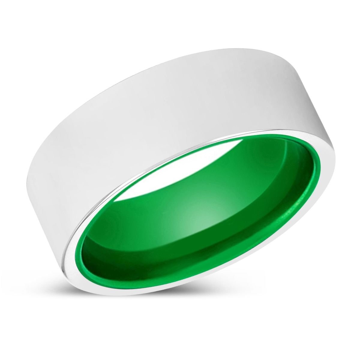 LEROY | Green Ring, Silver Tungsten Ring, Shiny, Flat
