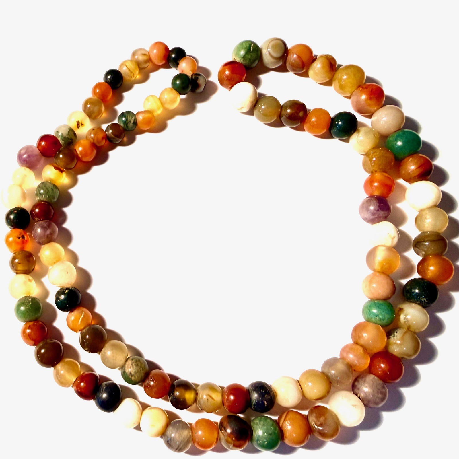Polished Round Multicolor Agate-Beaded Rope Necklace Hand-knotted, 30″