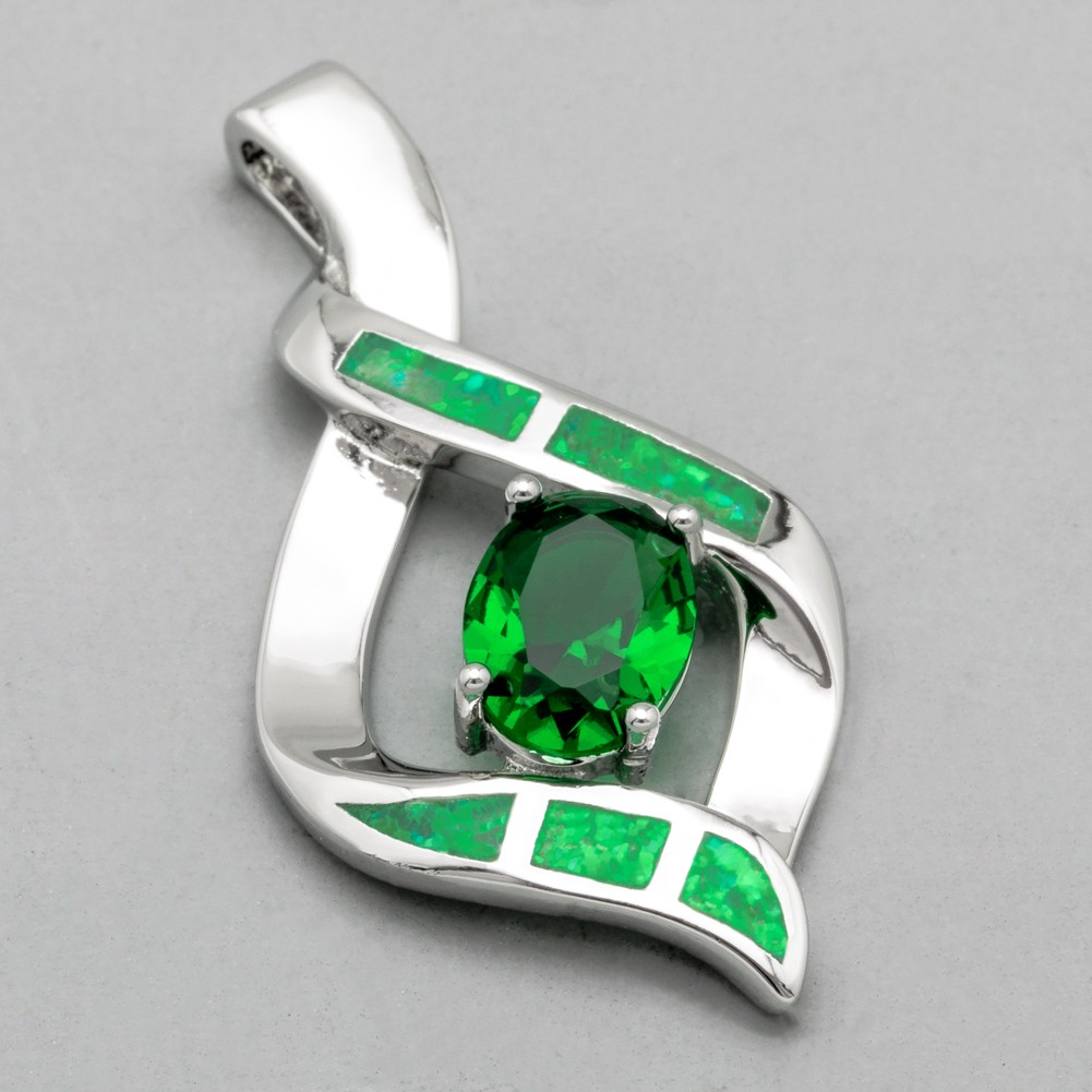 6×8 Simulated Emerald Green Fire Opal Silver Filled Jewelry Necklace Pendant