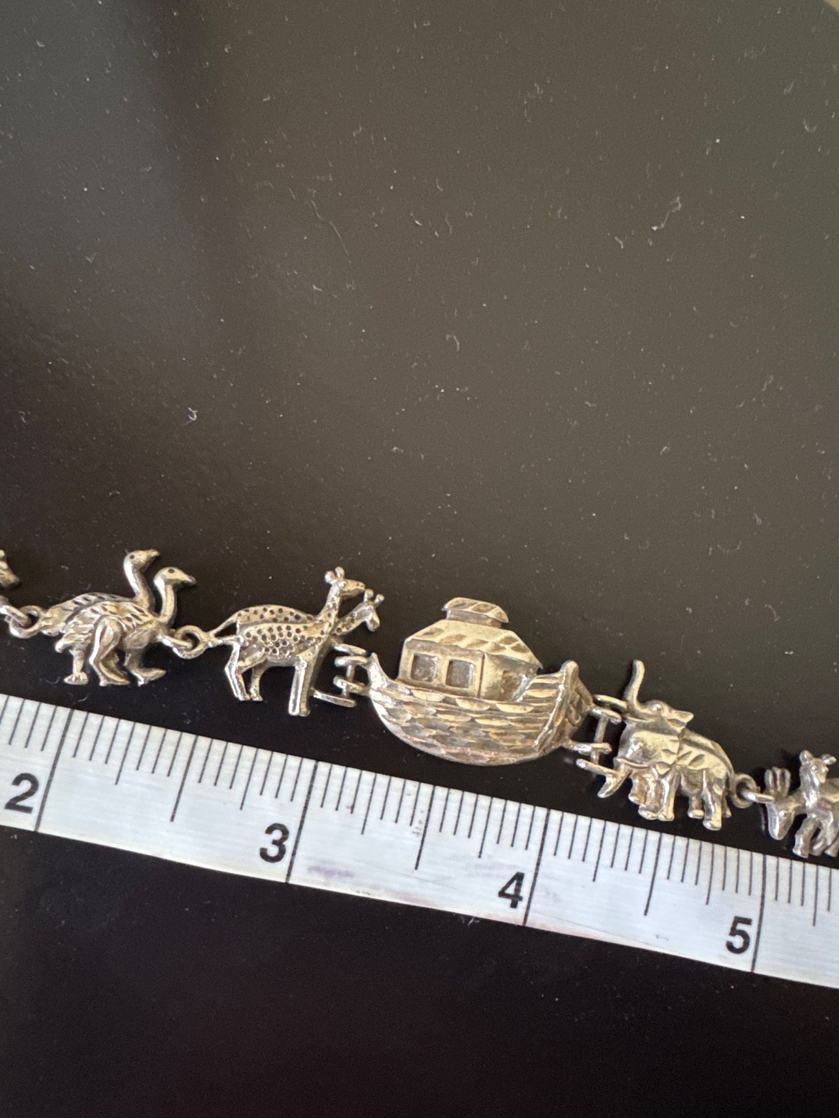 Vintage Noah’s Ark Silver 7 ½” Bracelet Elephant Moose Kangaroo Giraffe