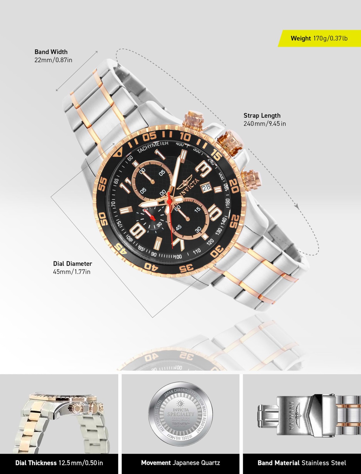 Invicta Men’s 14877 Specialty Chronograph Black Textured Dial Two Tone Stainless