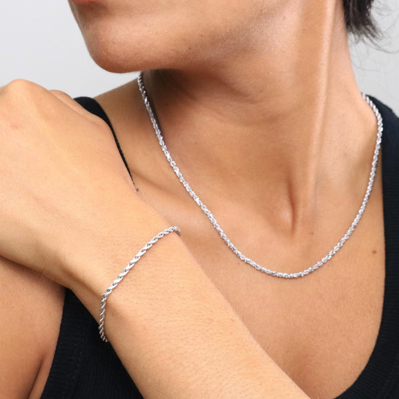 10K White Gold Rope Chain Bracelet Diamond Cut Real Gold 1mm-5mm 7-9in