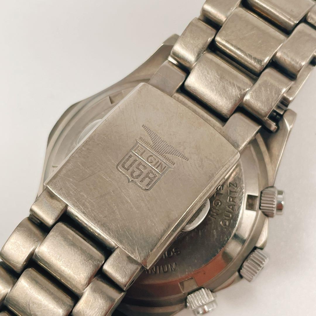 Elgin Solar Chronograph Titanium Silver Vintage Men’s Watch Japan 075828