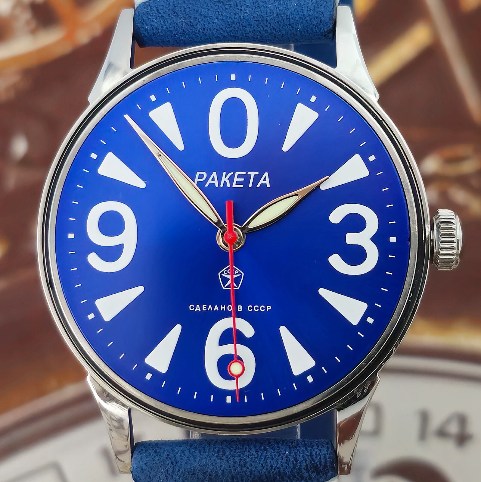 Vintage Watch USSR RAKETA Big Zero Blue Dial Wristwatch Mechanism 2609.HA 19J