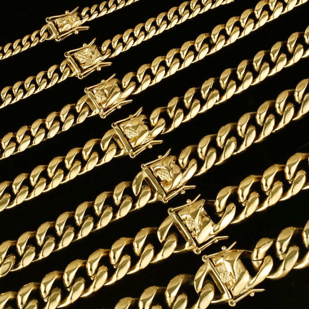 8-18MM Men Miami Cuban Link Bracelet Chain Gold Plated Stainless Steel Necklace
