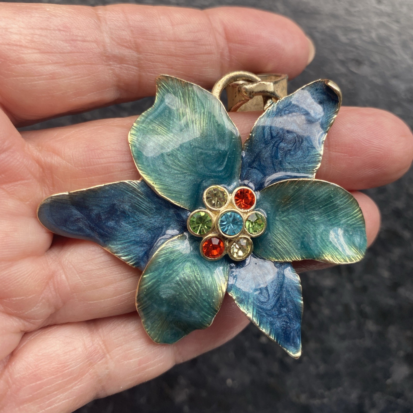 Vtg Enamel Flower Pendant – Blue Green – Gold Tone Back 7 multi color crystals