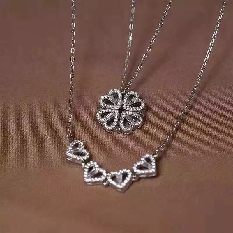 Four Leaf Clover Magnetic Folding Heart Pendant Necklace