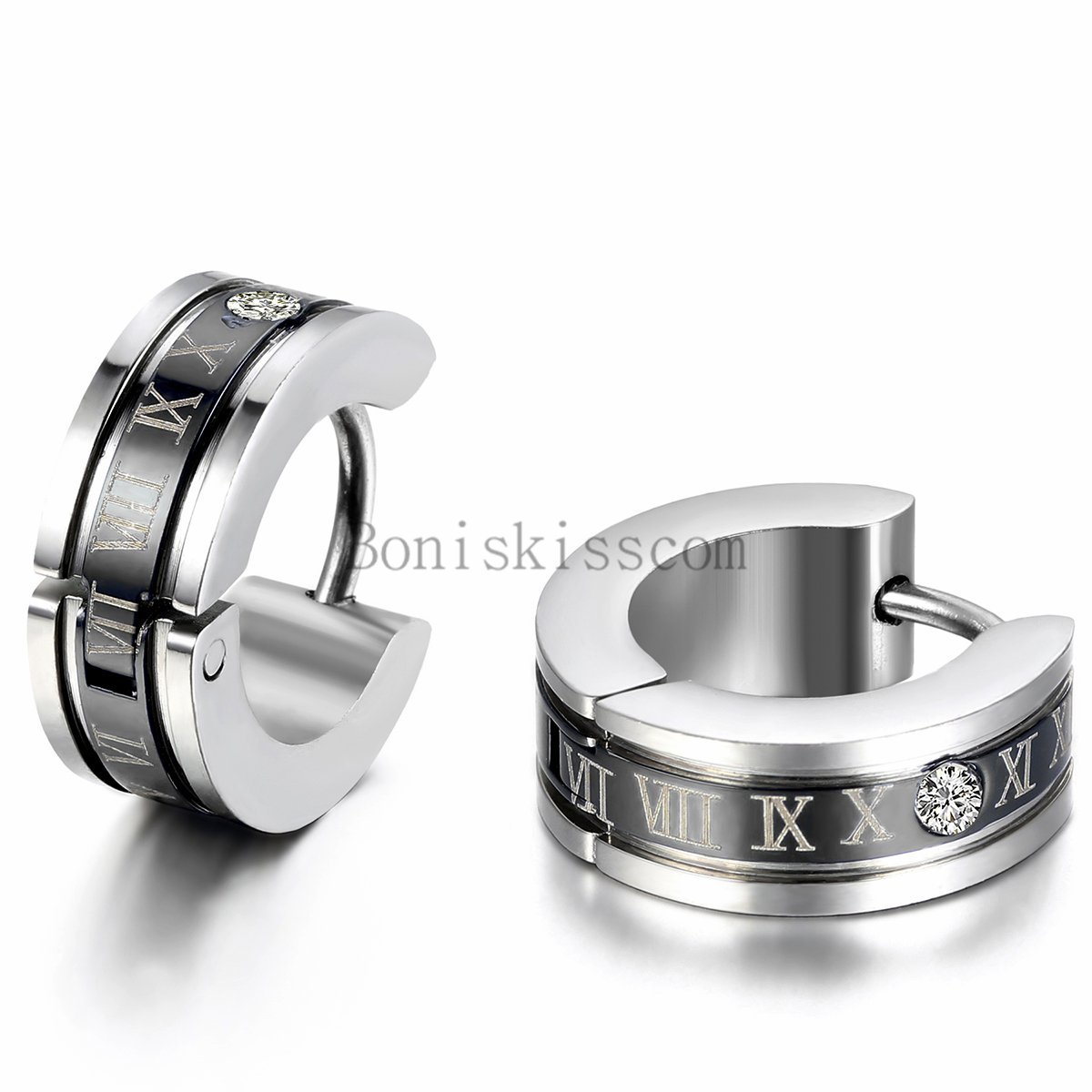 2Pcs Roman Numerals Engraved Stainless Steel Men’s Hinged Hoop Snap on Earrings